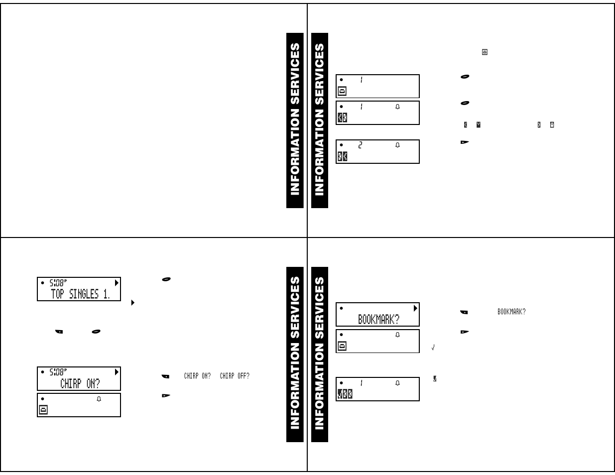 Information services, Reading information services, Turning the information service alert on and off | Turning the information service bookmark on, Informa tion ser vices | Motorola WORDline FLX User Manual | Page 6 / 9