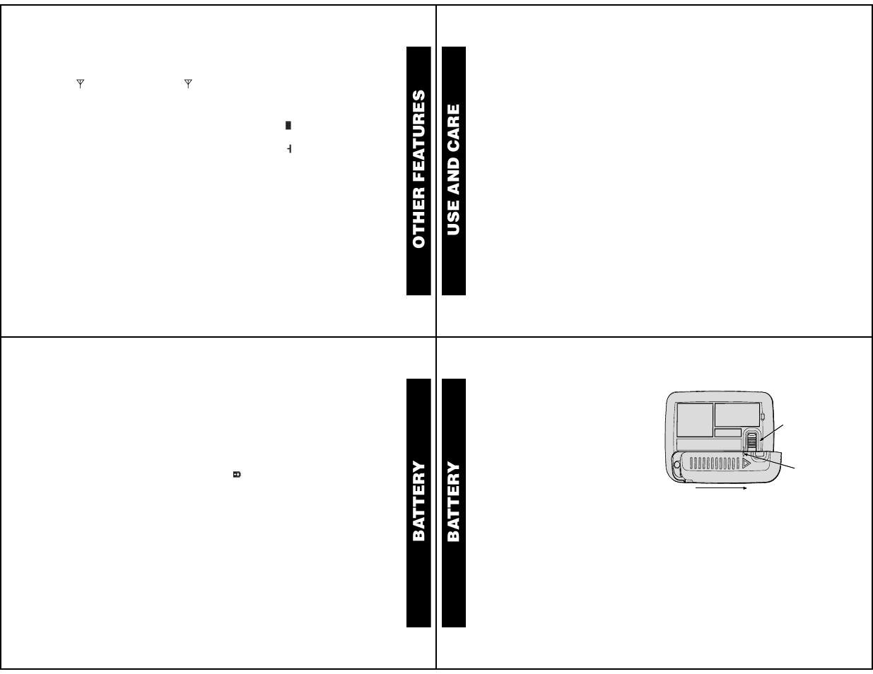 Other features, Out of range, Message error icons | Use and care, Care and maintenance, Battery, Other fea tures, Ba tter y | Motorola WORDline FLX User Manual | Page 7 / 9