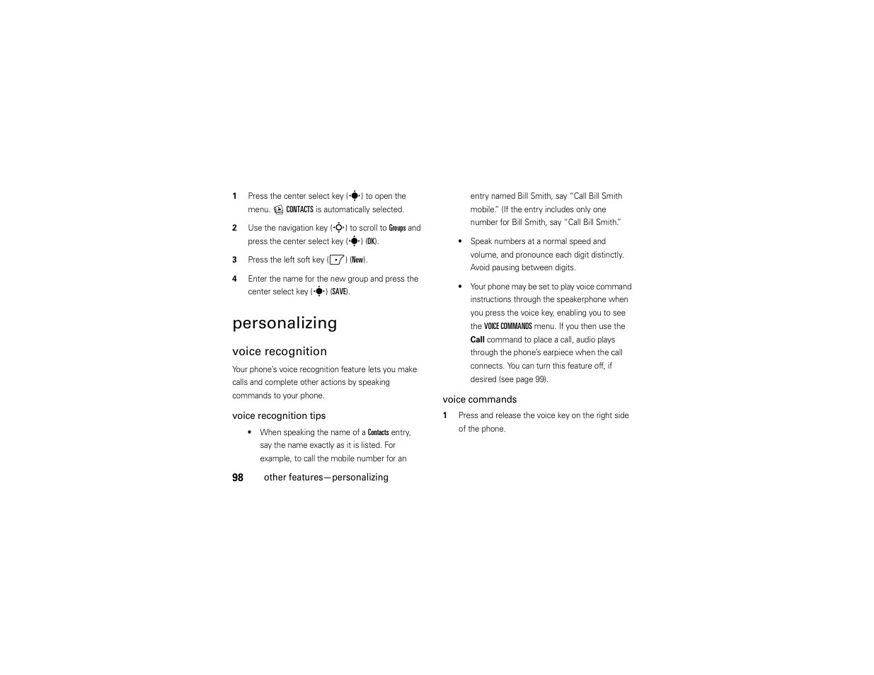 Personalizing, Voice recognition | Motorola Z6C User Manual | Page 100 / 296