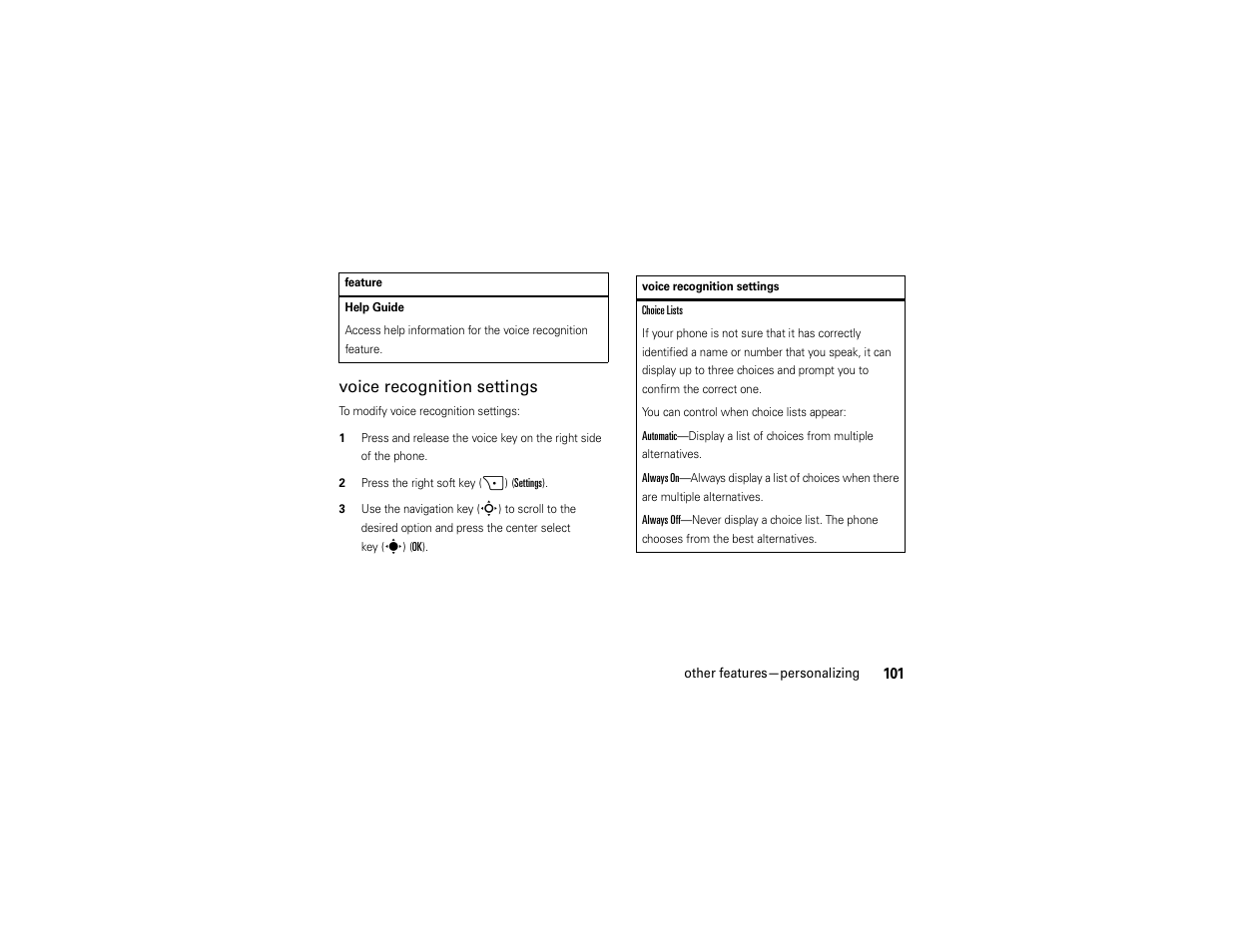 Voice recognition settings | Motorola Z6C User Manual | Page 103 / 296