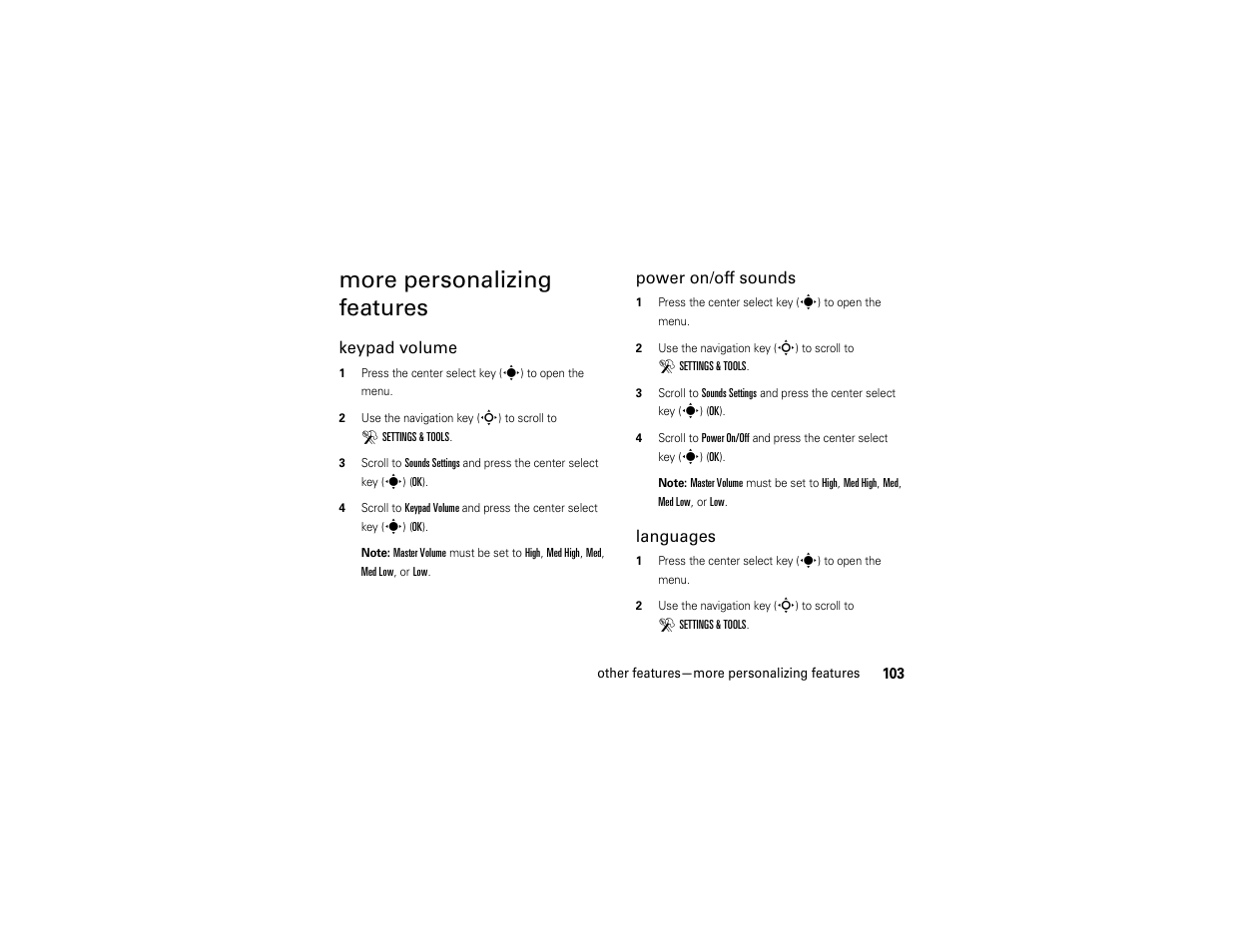 More personalizing features, Keypad volume, Power on/off sounds | Languages | Motorola Z6C User Manual | Page 105 / 296