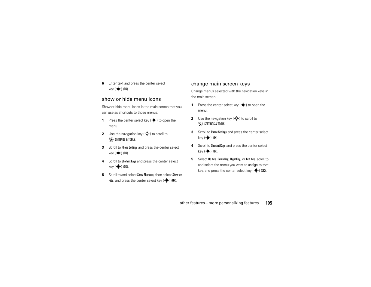 Show or hide menu icons, Change main screen keys | Motorola Z6C User Manual | Page 107 / 296