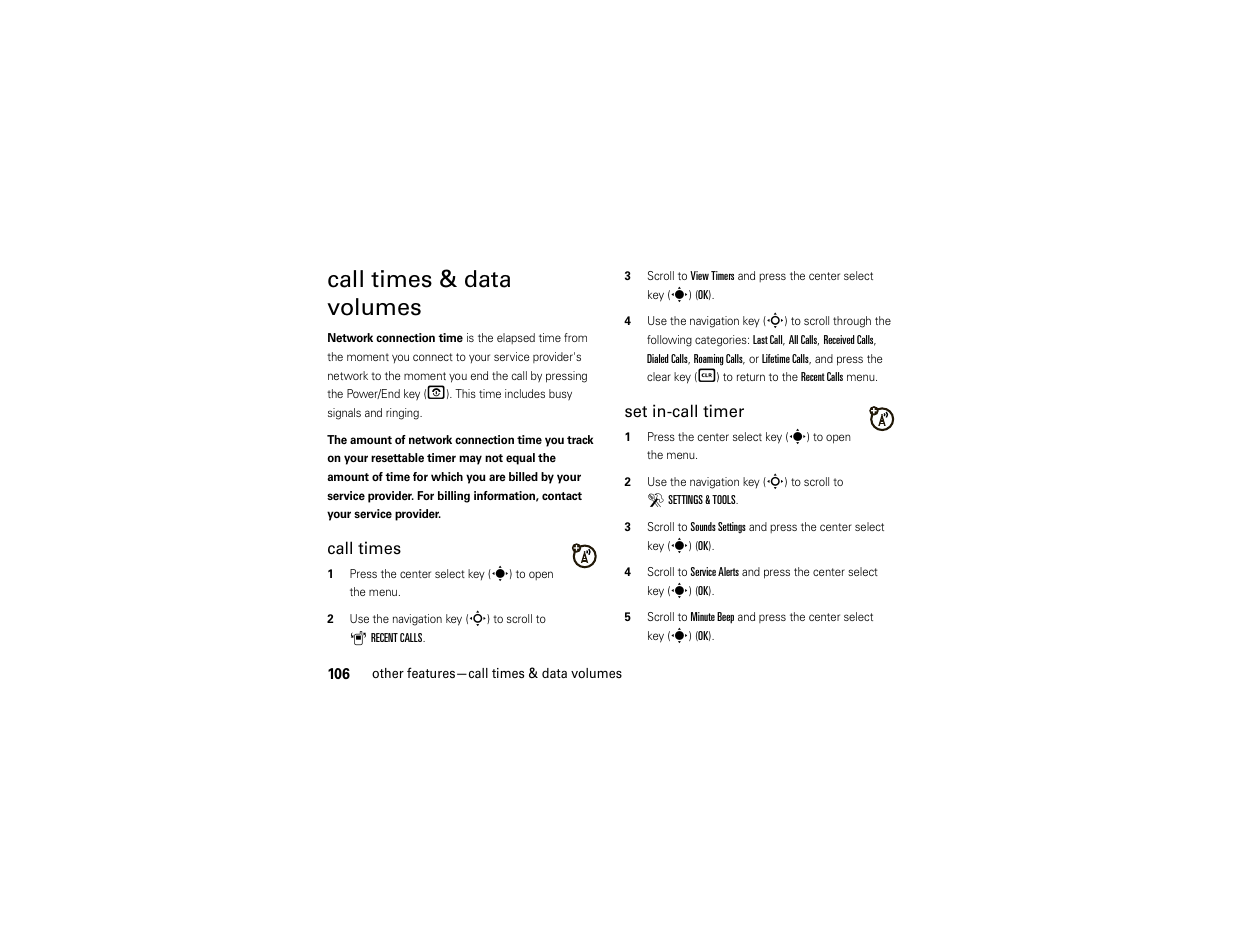 Call times & data volumes, Call times, Set in-call timer | Motorola Z6C User Manual | Page 108 / 296