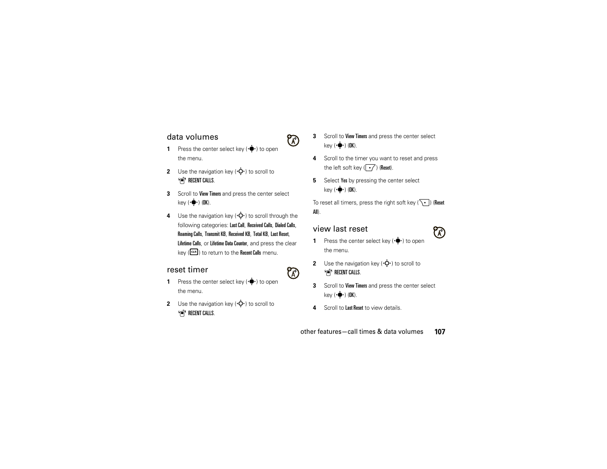 Data volumes, Reset timer, View last reset | Motorola Z6C User Manual | Page 109 / 296