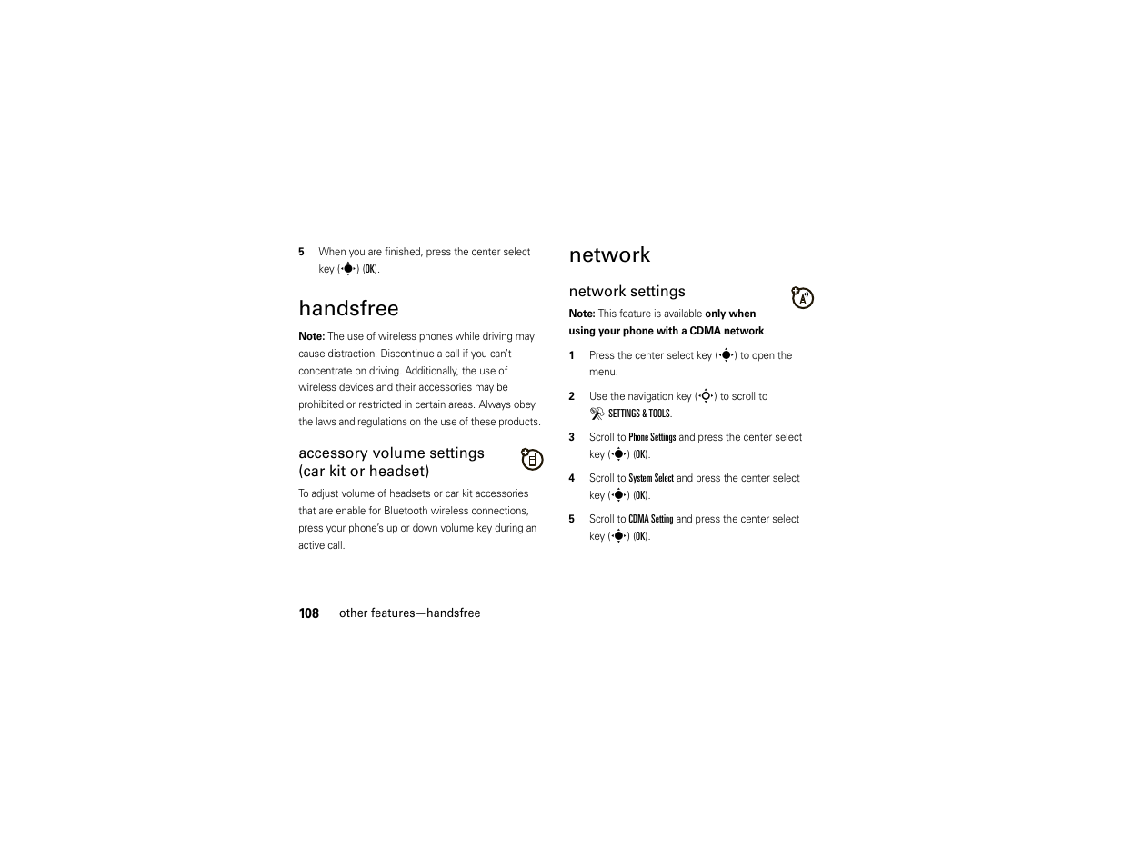 Handsfree, Network | Motorola Z6C User Manual | Page 110 / 296