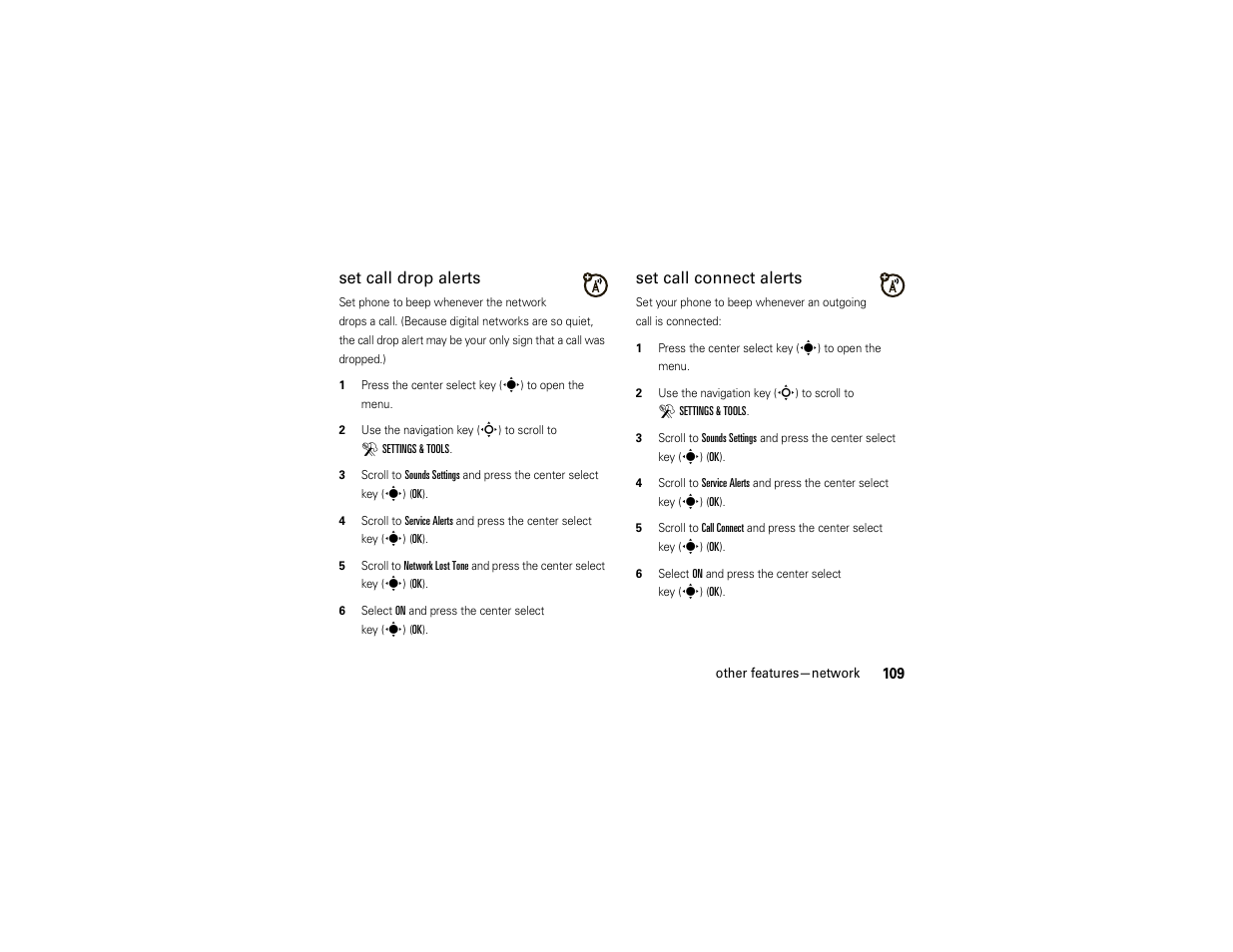 Set call drop alerts, Set call connect alerts | Motorola Z6C User Manual | Page 111 / 296