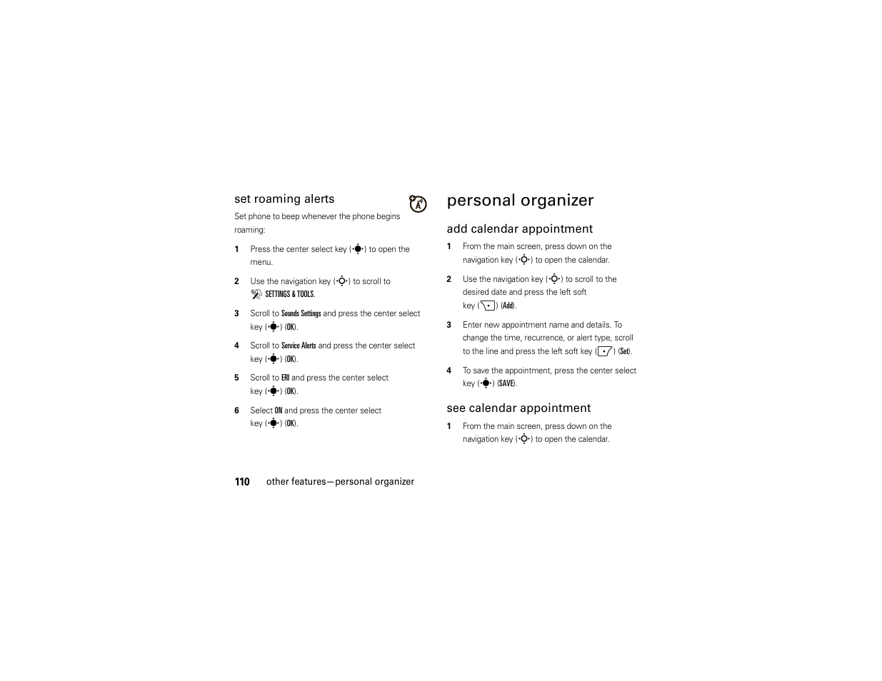 Personal organizer, Set roaming alerts, Add calendar appointment | See calendar appointment | Motorola Z6C User Manual | Page 112 / 296