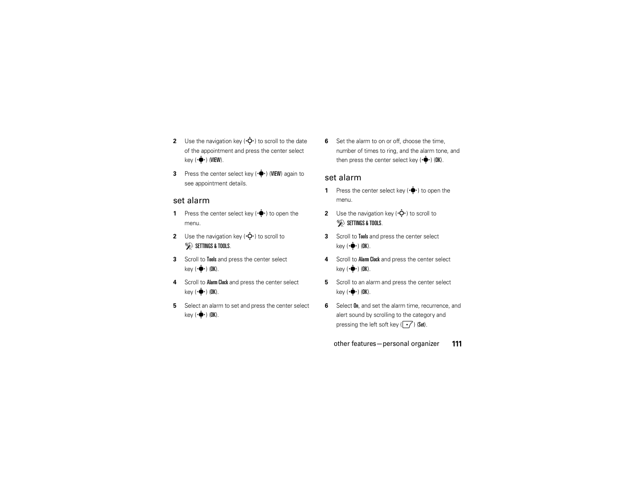 Set alarm | Motorola Z6C User Manual | Page 113 / 296