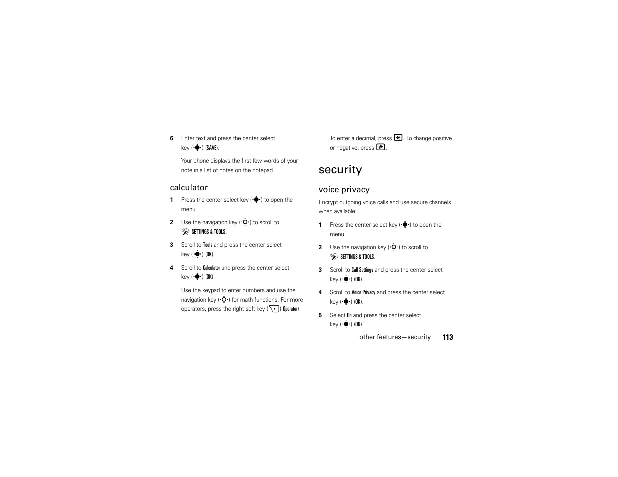 Security, Calculator, Voice privacy | Motorola Z6C User Manual | Page 115 / 296