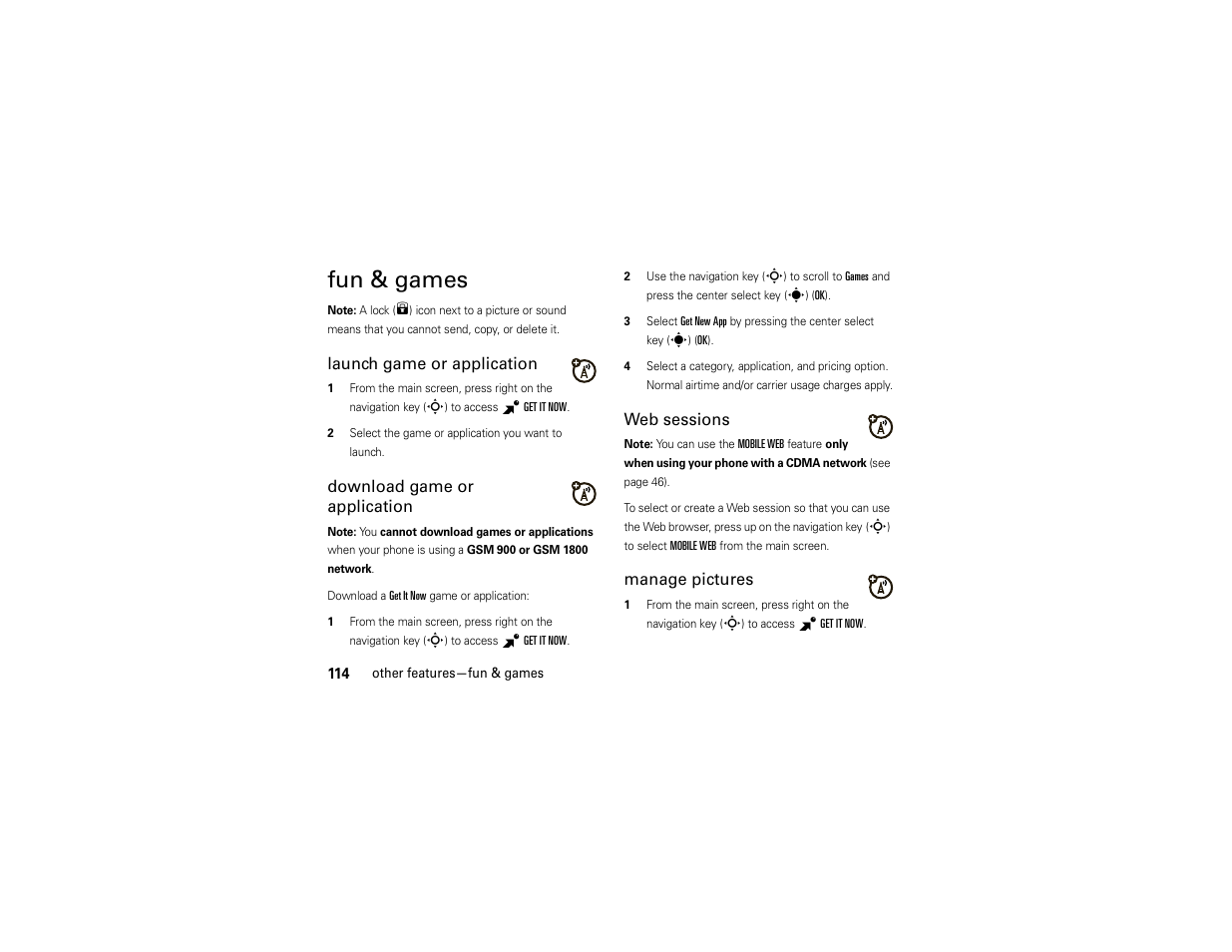 Fun & games, Launch game or application, Download game or application | Web sessions, Manage pictures | Motorola Z6C User Manual | Page 116 / 296