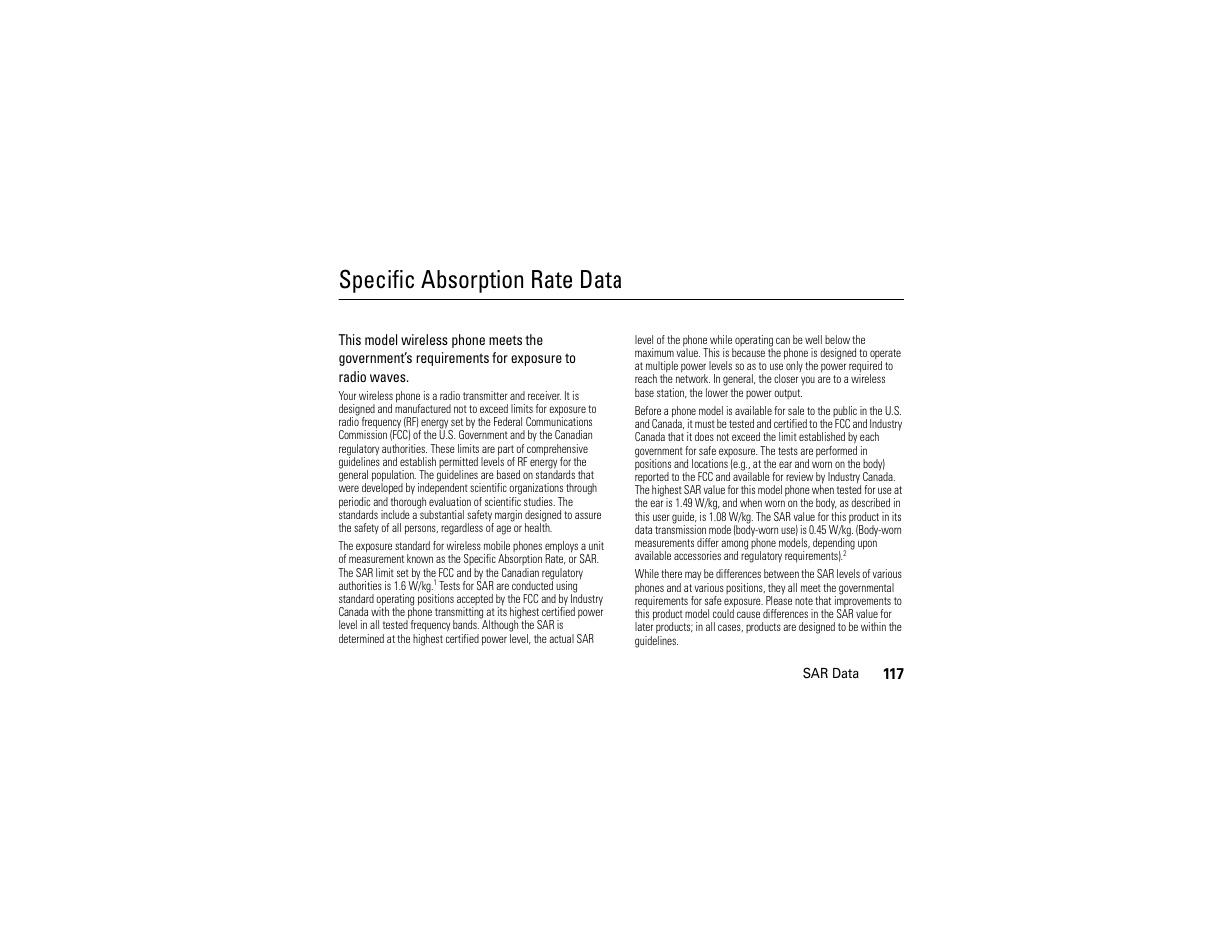 Sar data, Specific absorption rate data | Motorola Z6C User Manual | Page 119 / 296
