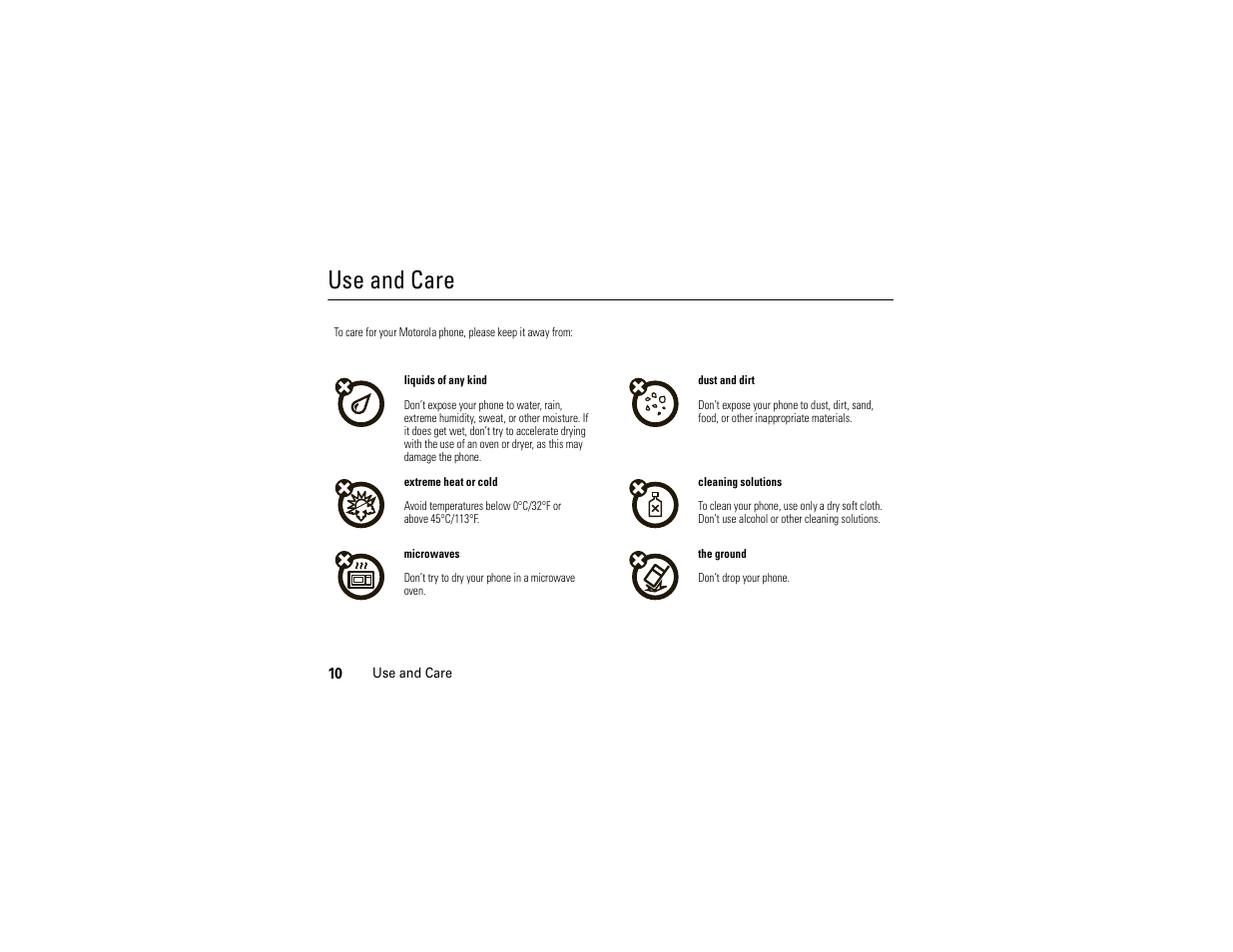 Use and care | Motorola Z6C User Manual | Page 12 / 296