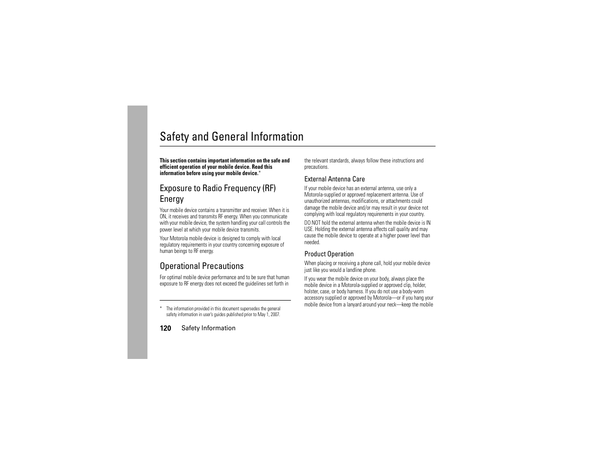 Safety information, Safety and general information, Exposure to radio frequency (rf) energy | Operational precautions | Motorola Z6C User Manual | Page 122 / 296