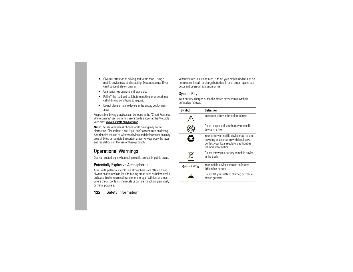 Operational warnings | Motorola Z6C User Manual | Page 124 / 296