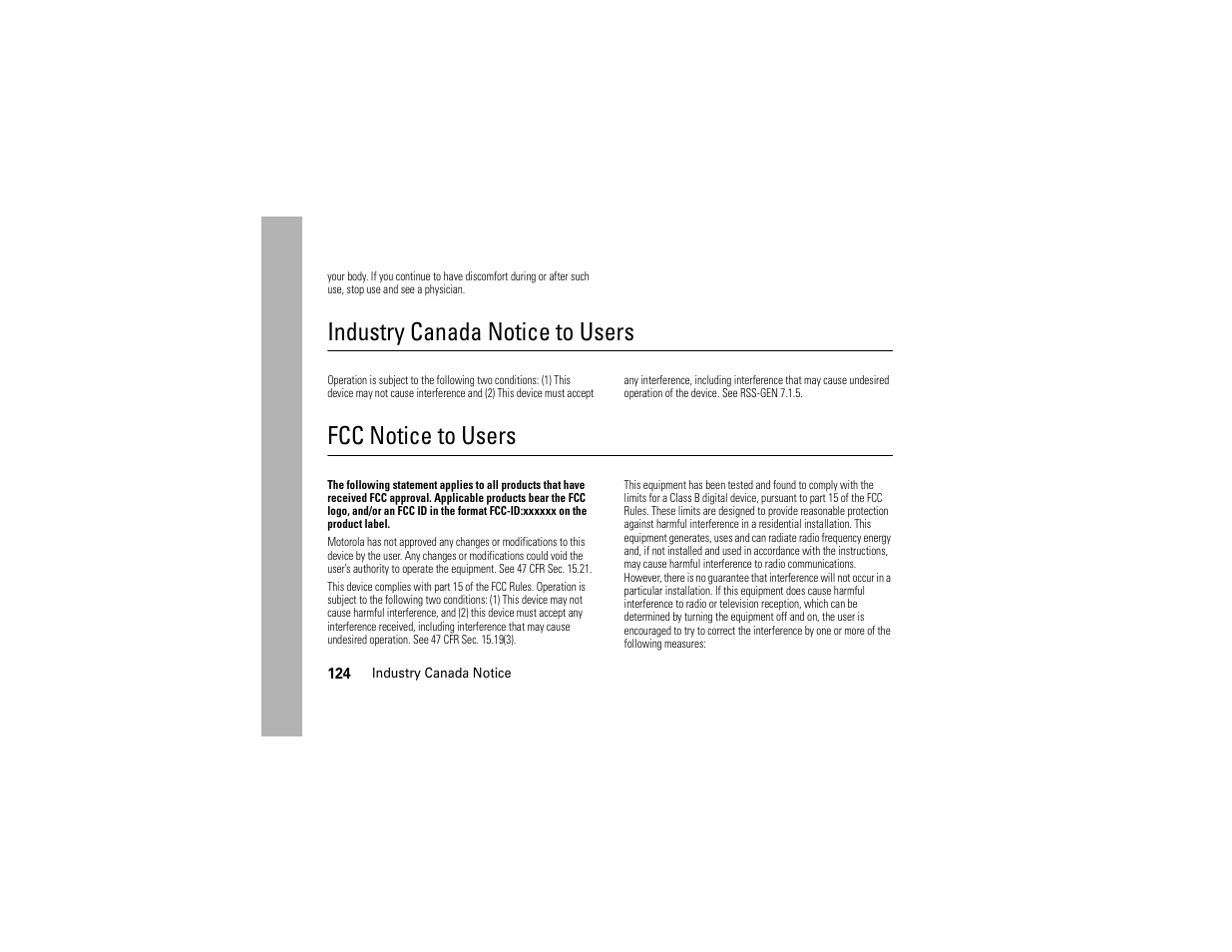 Industry canada notice, Fcc notice, Industry canada notice to users | Fcc notice to users | Motorola Z6C User Manual | Page 126 / 296