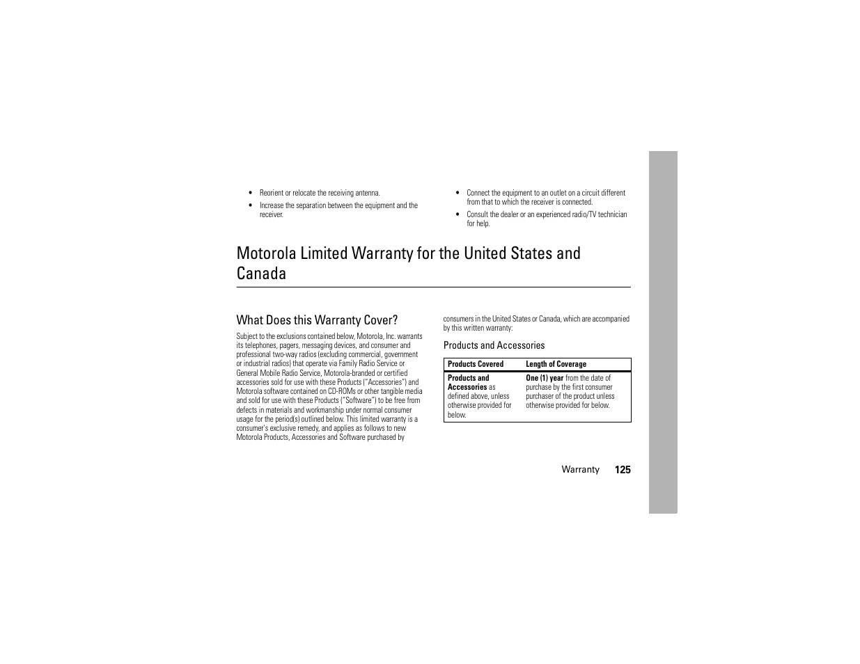 Warranty, What does this warranty cover | Motorola Z6C User Manual | Page 127 / 296