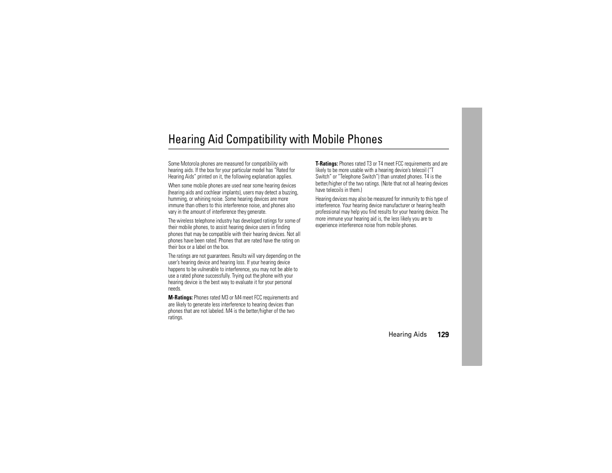 Hearing aids, Hearing aid compatibility with mobile phones | Motorola Z6C User Manual | Page 131 / 296