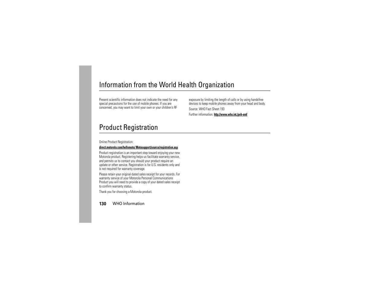 Who information, Registration, Information from the world health organization | Product registration | Motorola Z6C User Manual | Page 132 / 296