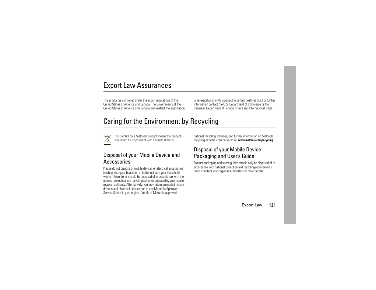 Export law, Recycling information, Export law assurances | Caring for the environment by recycling, Disposal of your mobile device and accessories | Motorola Z6C User Manual | Page 133 / 296