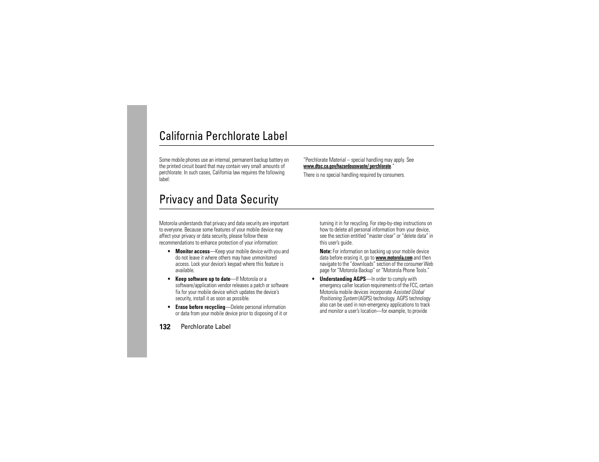 Perchlorate label, Privacy and data security, California perchlorate label | Motorola Z6C User Manual | Page 134 / 296