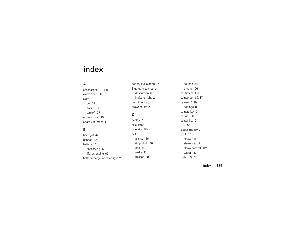Index | Motorola Z6C User Manual | Page 137 / 296