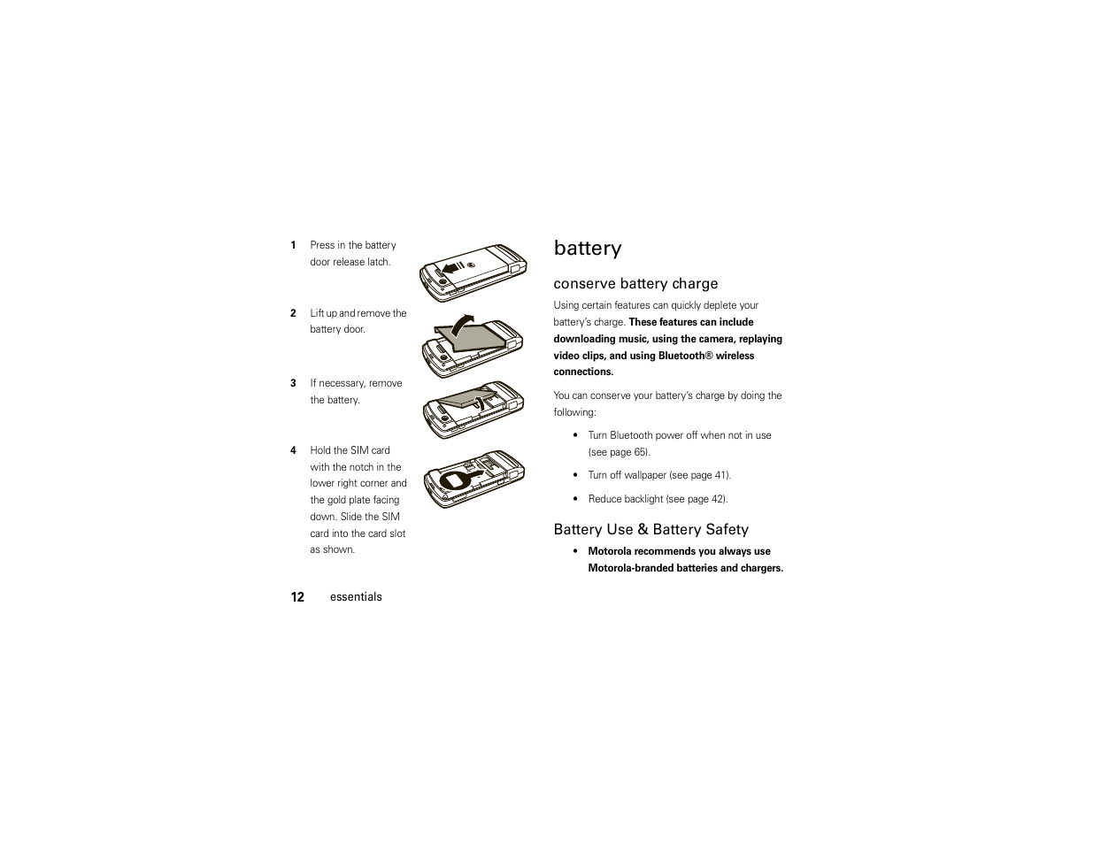 Battery, Conserve battery charge, Battery use & battery safety | Motorola Z6C User Manual | Page 14 / 296