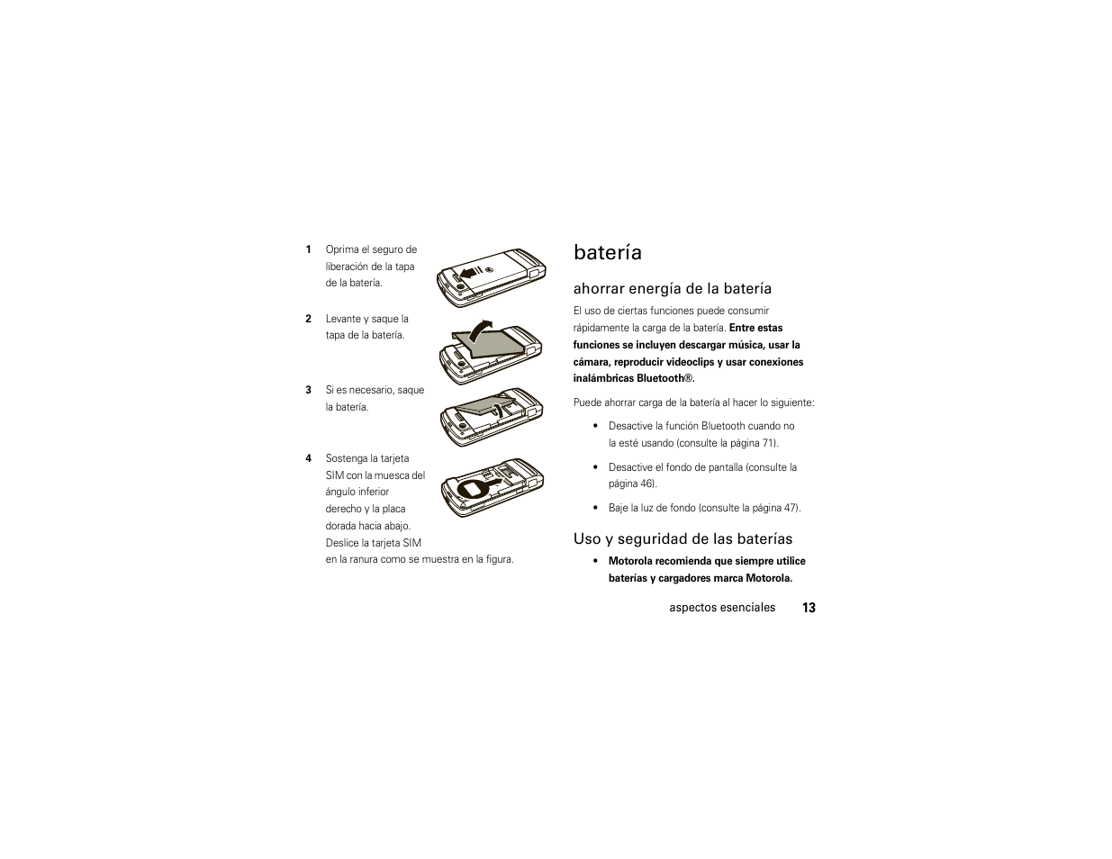Batería, Ahorrar energía de la batería, Uso y seguridad de las baterías | Motorola Z6C User Manual | Page 155 / 296