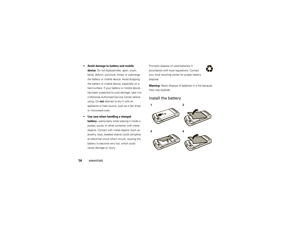 Install the battery | Motorola Z6C User Manual | Page 16 / 296