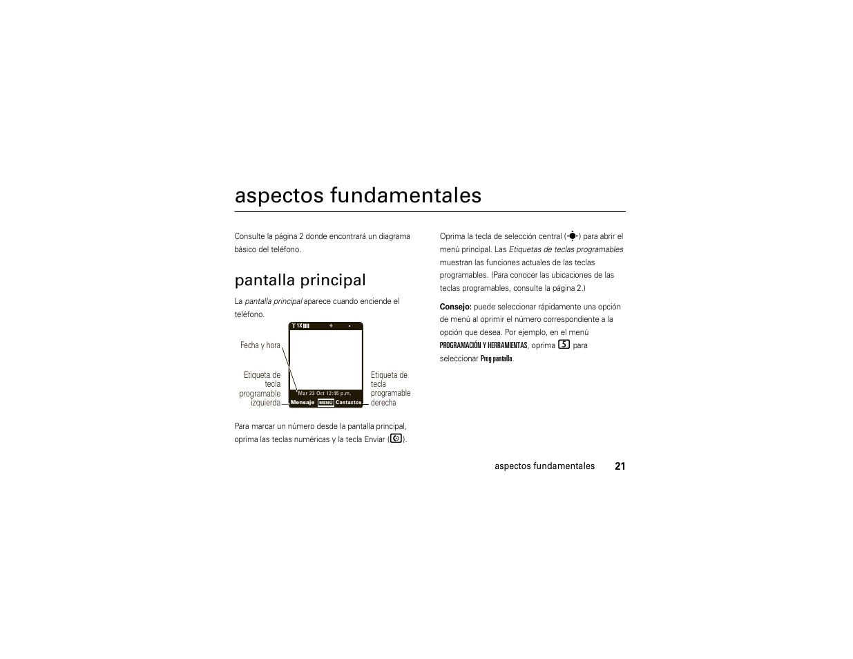 Aspectos fundamentales, Pantalla principal | Motorola Z6C User Manual | Page 163 / 296