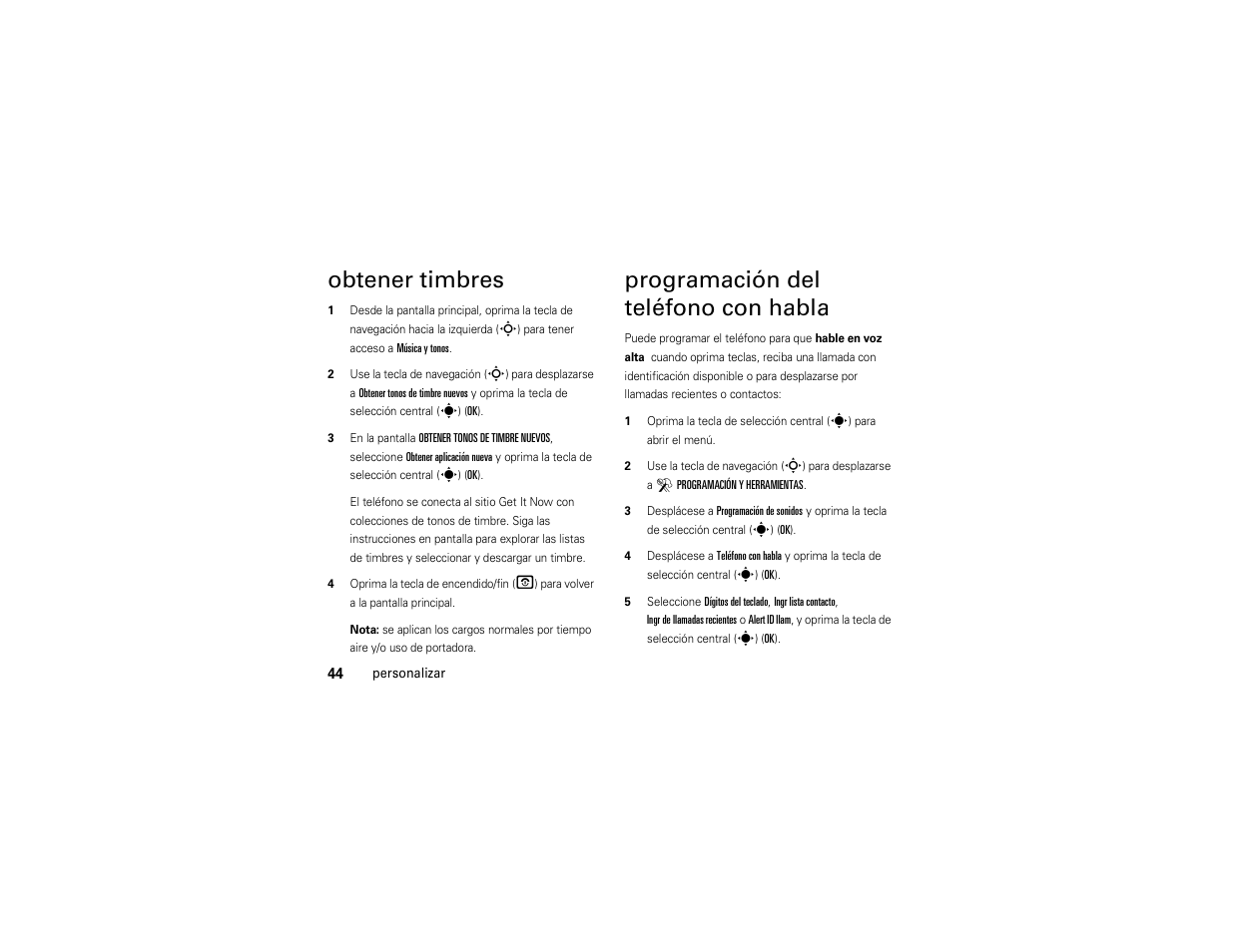 Obtener timbres, Programación del teléfono con habla | Motorola Z6C User Manual | Page 186 / 296