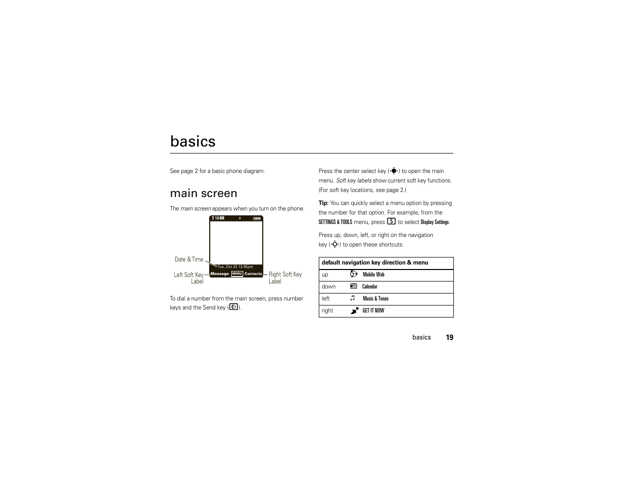 Basics, Main screen | Motorola Z6C User Manual | Page 21 / 296