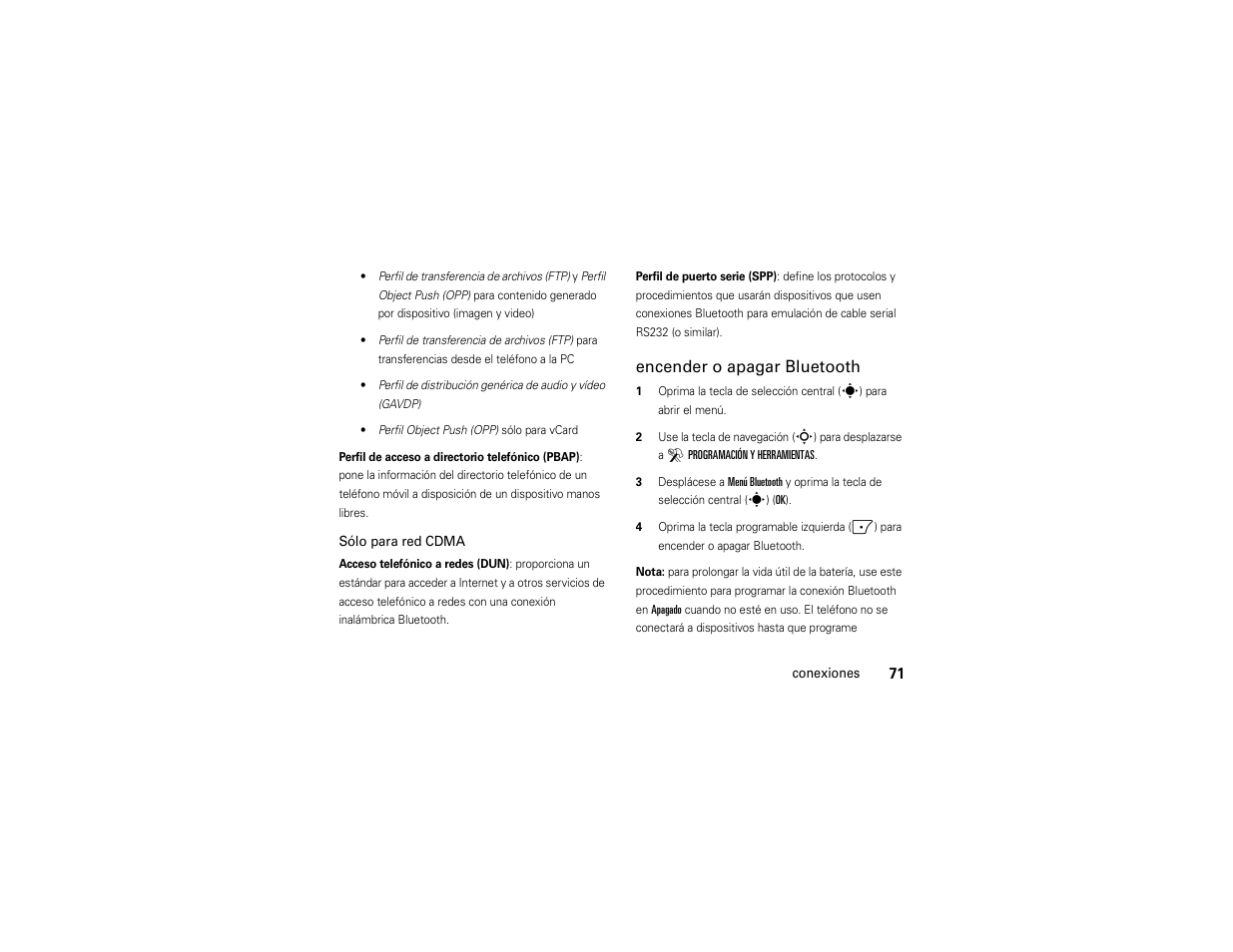 Encender o apagar bluetooth | Motorola Z6C User Manual | Page 213 / 296