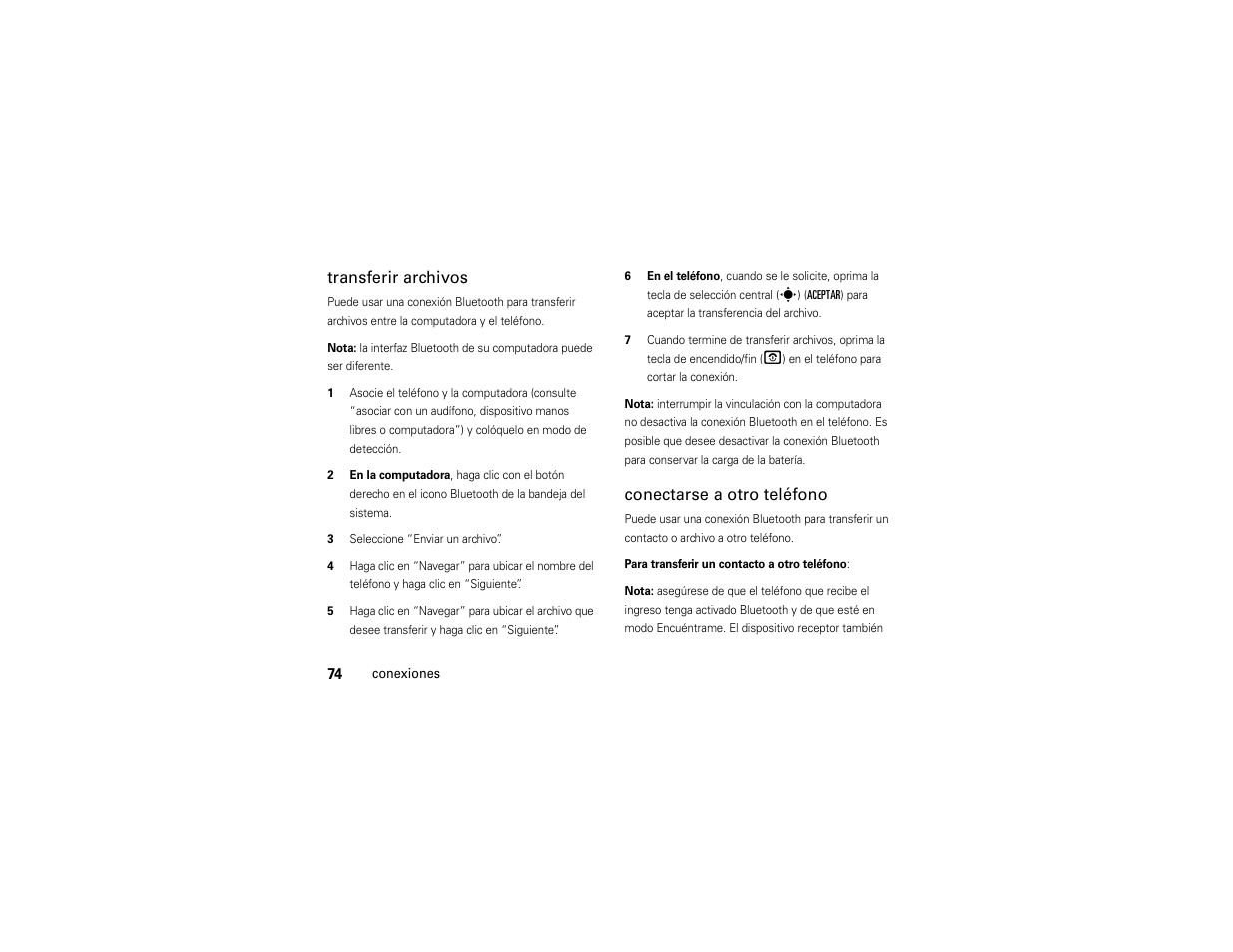 Transferir archivos, Conectarse a otro teléfono | Motorola Z6C User Manual | Page 216 / 296