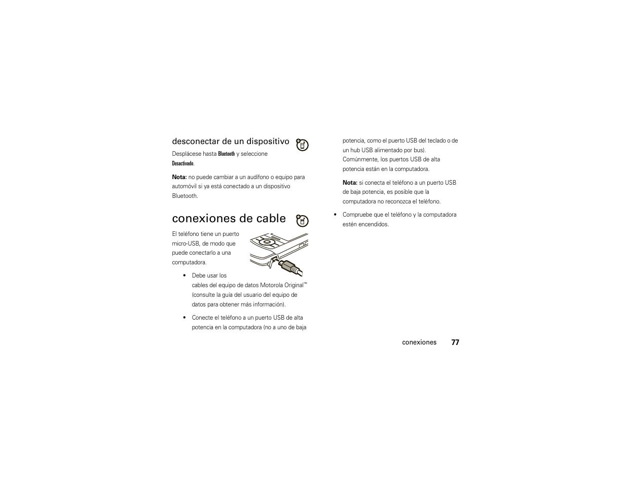 Conexiones de cable, Desconectar de un dispositivo | Motorola Z6C User Manual | Page 219 / 296