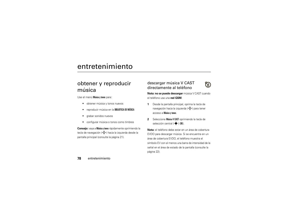 Entretenimiento, Obtener y reproducir música | Motorola Z6C User Manual | Page 220 / 296