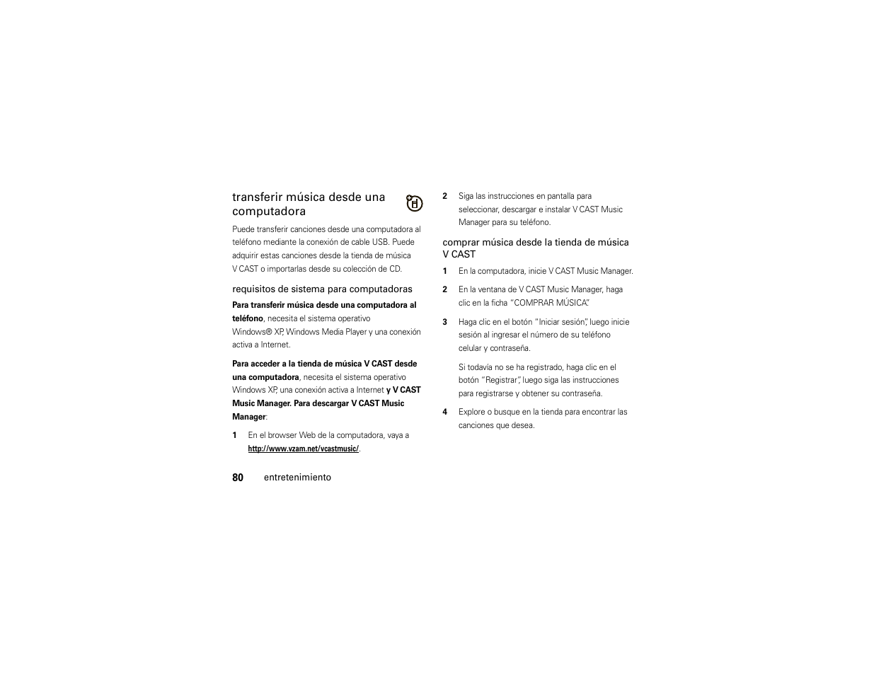 Transferir música desde una computadora | Motorola Z6C User Manual | Page 222 / 296