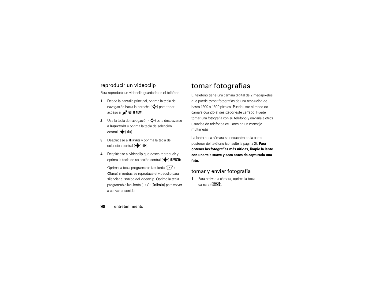 Tomar fotografías, Reproducir un videoclip, Tomar y enviar fotografía | Motorola Z6C User Manual | Page 240 / 296