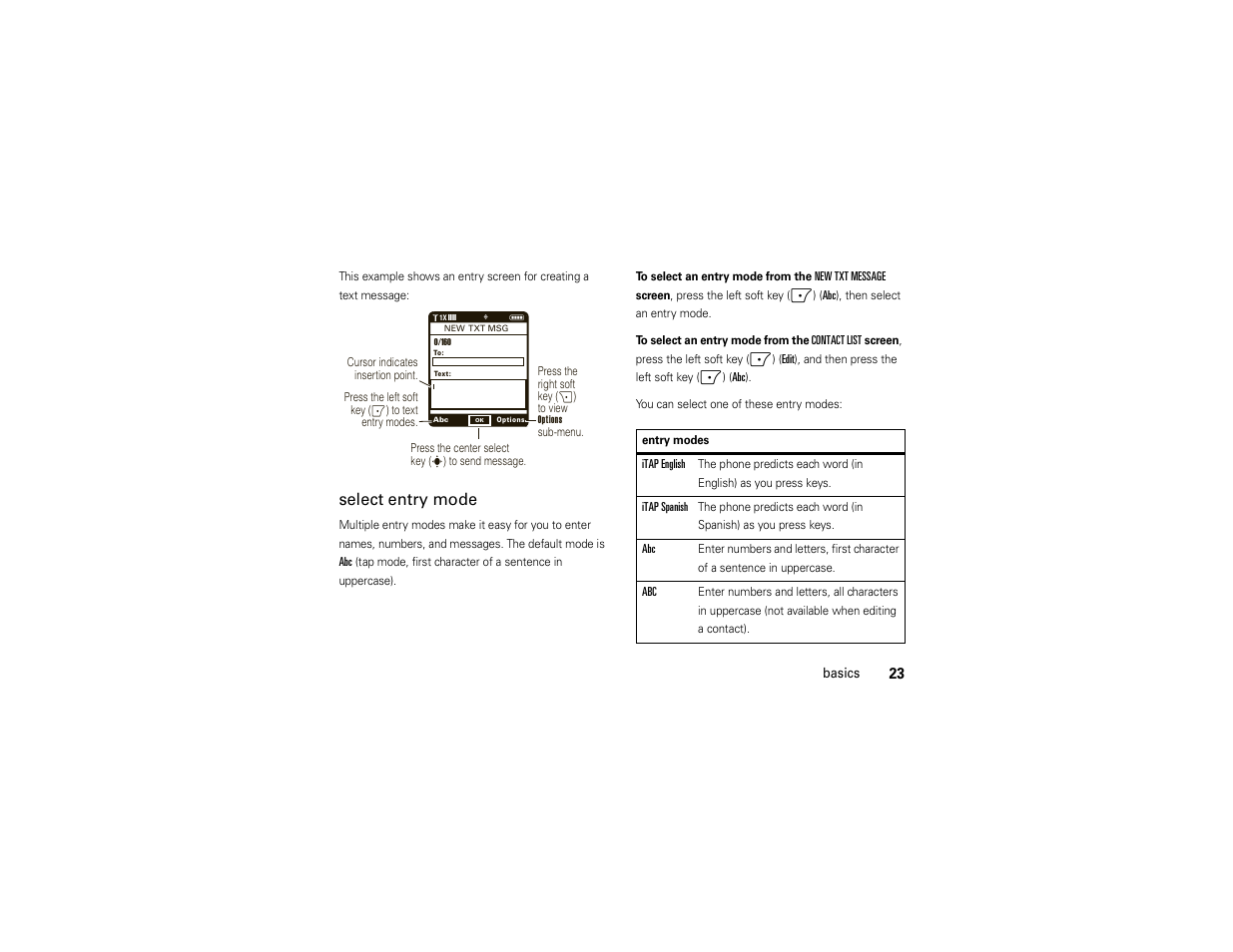 Select entry mode | Motorola Z6C User Manual | Page 25 / 296