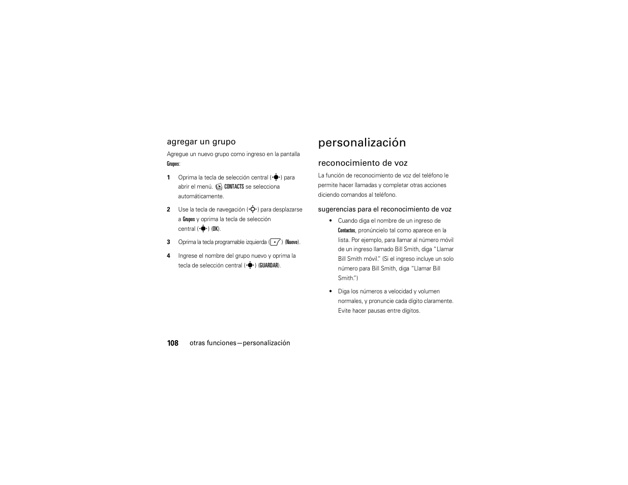 Personalización, Agregar un grupo, Reconocimiento de voz | Motorola Z6C User Manual | Page 250 / 296