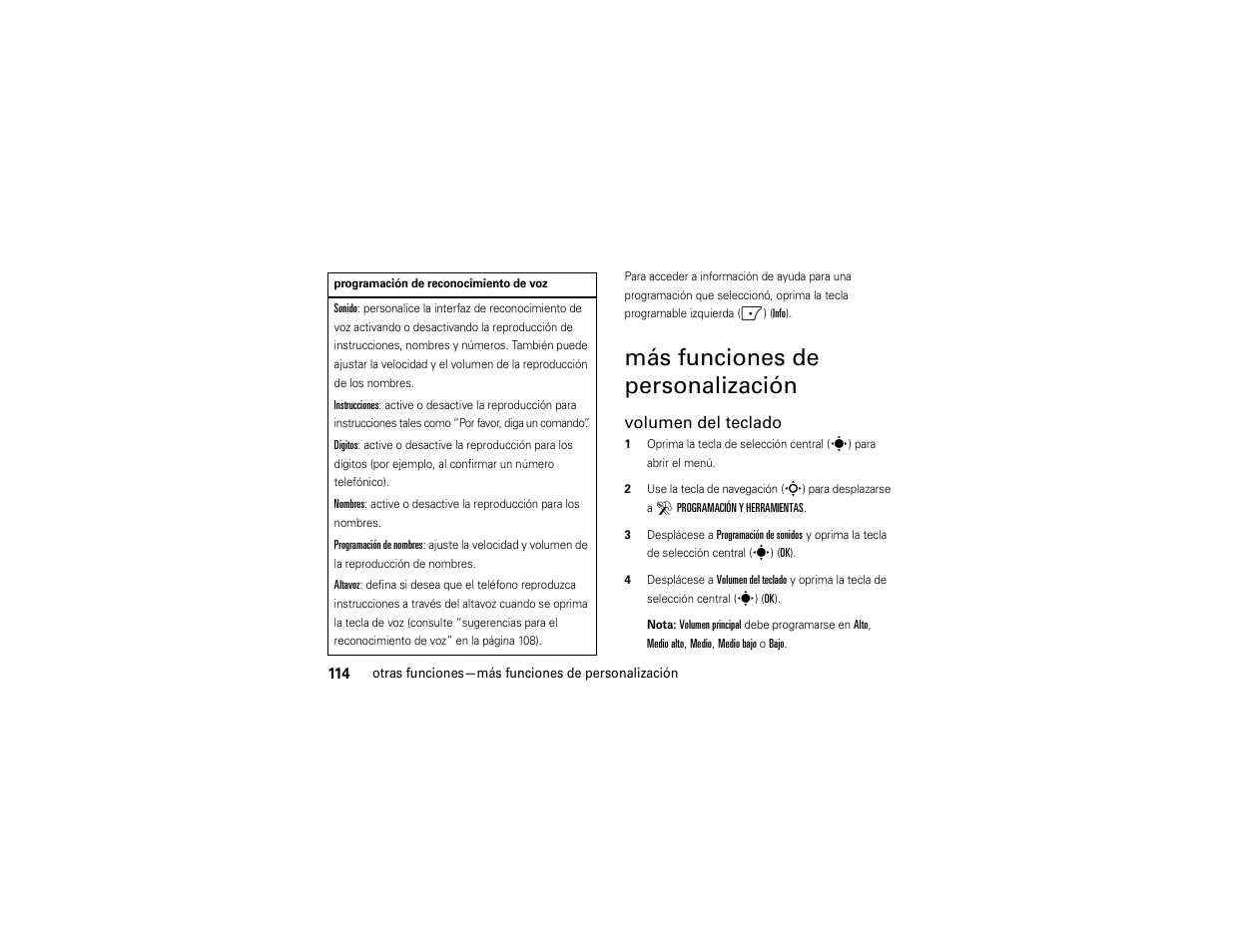 Más funciones de personalización, Volumen del teclado | Motorola Z6C User Manual | Page 256 / 296
