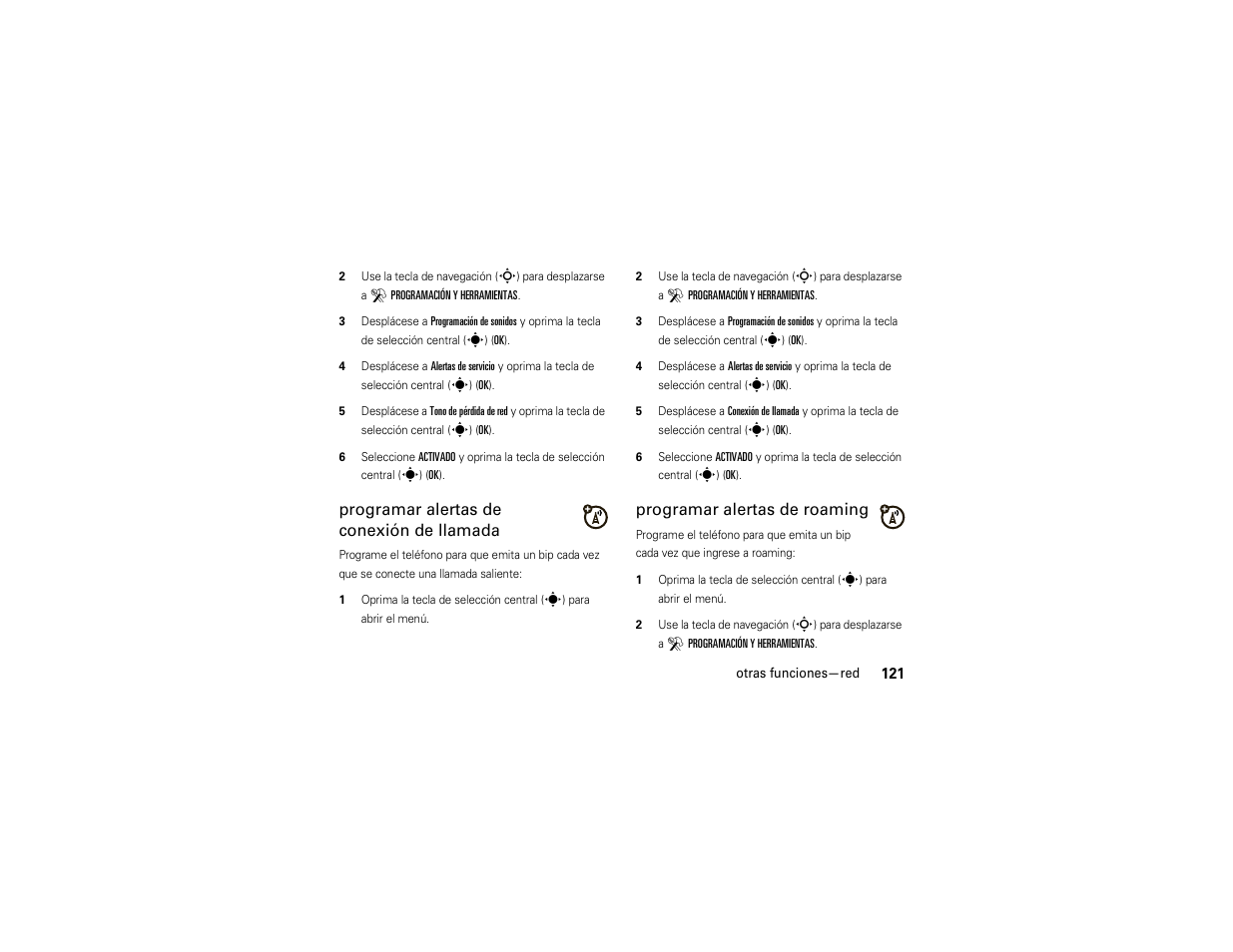 Programar alertas de conexión de llamada, Programar alertas de roaming | Motorola Z6C User Manual | Page 263 / 296