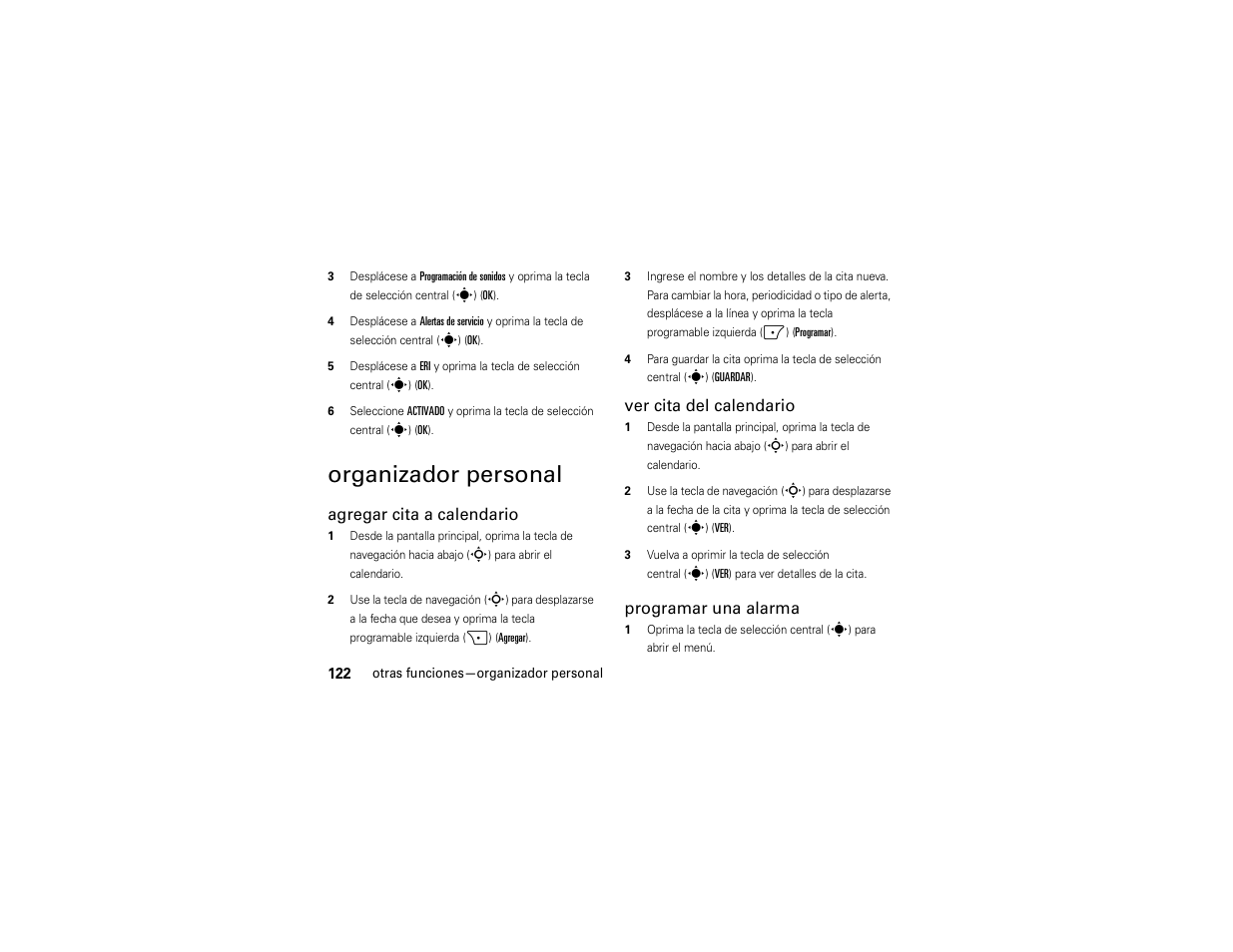 Organizador personal, Agregar cita a calendario, Ver cita del calendario | Programar una alarma | Motorola Z6C User Manual | Page 264 / 296