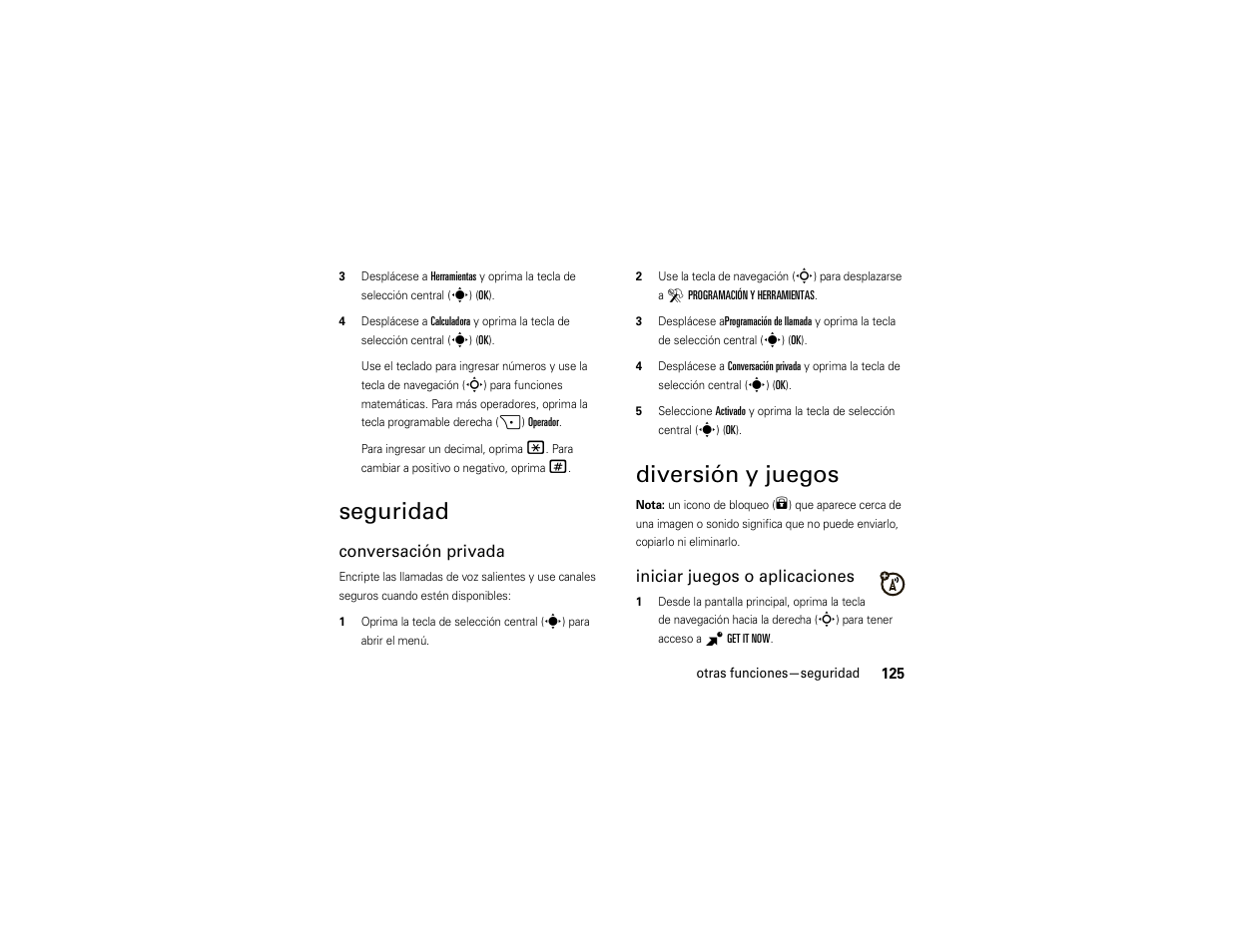 Seguridad, Diversión y juegos | Motorola Z6C User Manual | Page 267 / 296