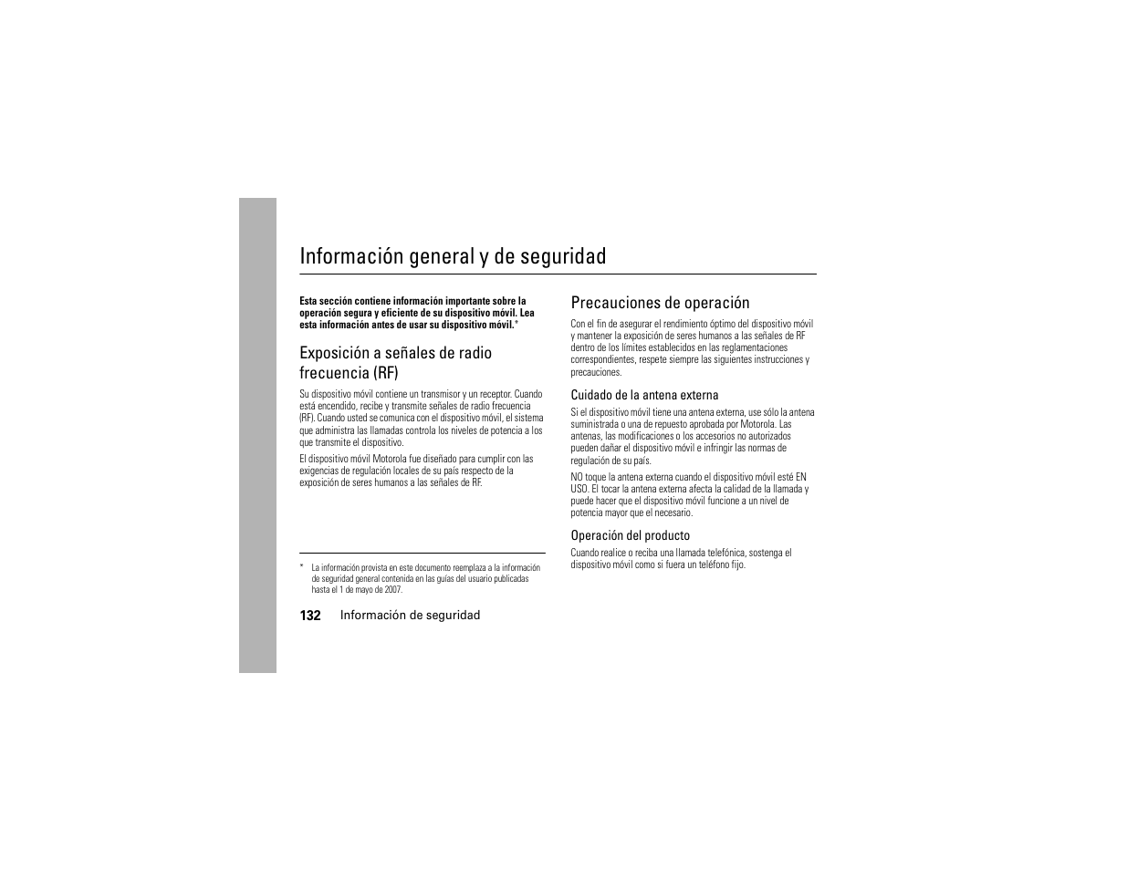 Información de seguridad, Información general y de seguridad, Exposición a señales de radio frecuencia (rf) | Precauciones de operación | Motorola Z6C User Manual | Page 274 / 296