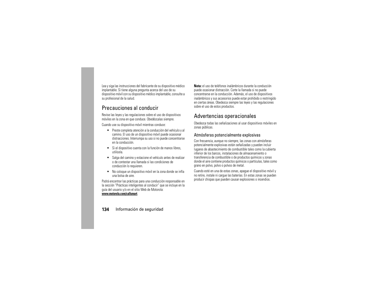 Precauciones al conducir, Advertencias operacionales | Motorola Z6C User Manual | Page 276 / 296