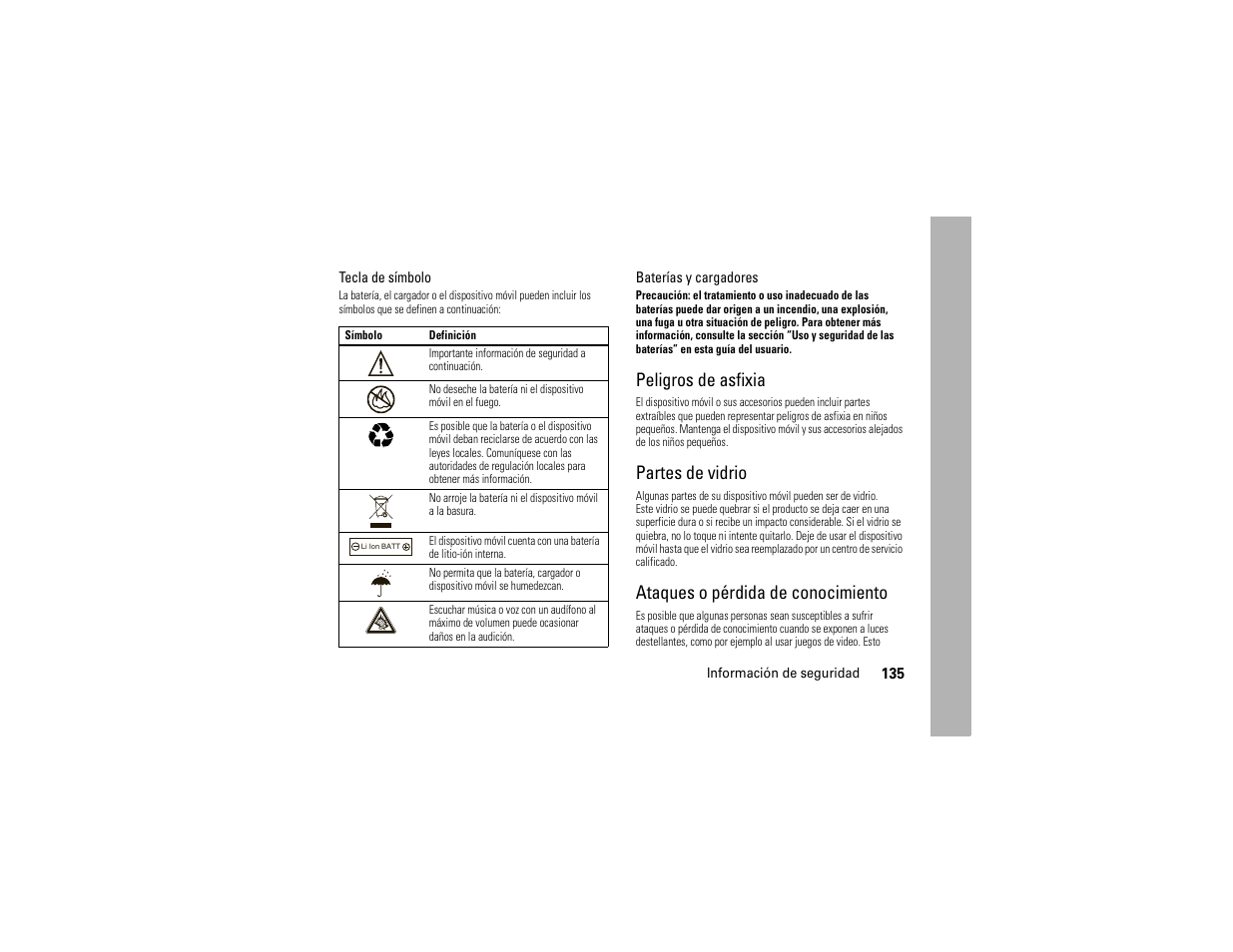 Peligros de asfixia, Partes de vidrio, Ataques o pérdida de conocimiento | Motorola Z6C User Manual | Page 277 / 296