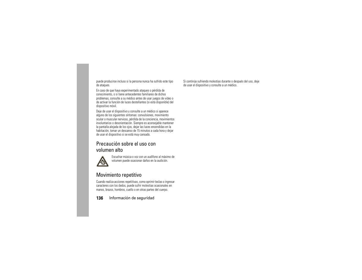 Precaución sobre el uso con volumen alto, Movimiento repetitivo | Motorola Z6C User Manual | Page 278 / 296