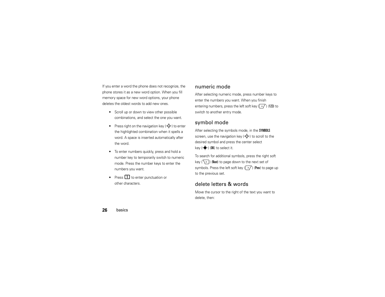 Numeric mode, Symbol mode, Delete letters & words | Motorola Z6C User Manual | Page 28 / 296