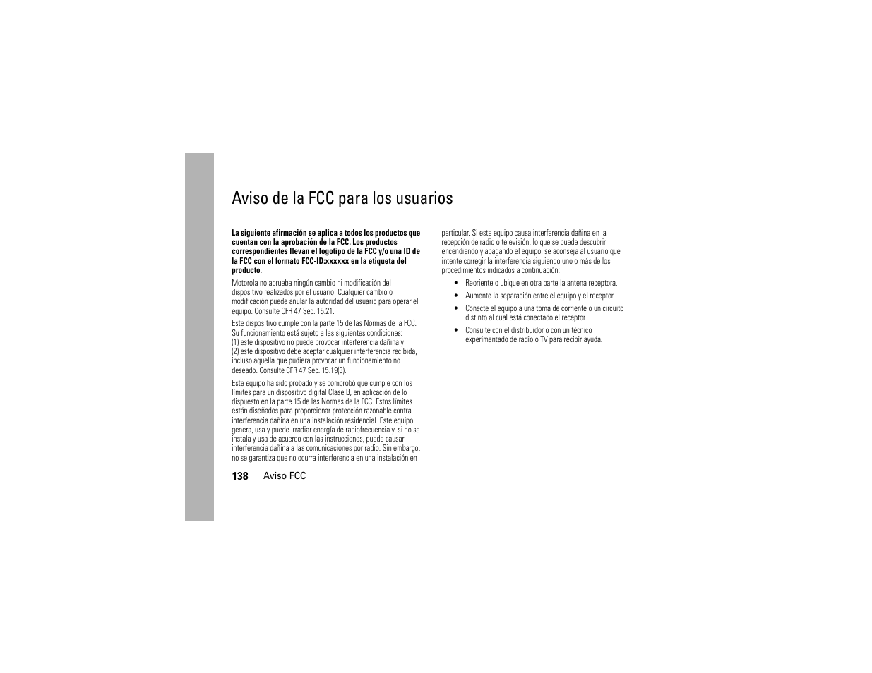 Aviso fcc, Aviso de la fcc para los usuarios | Motorola Z6C User Manual | Page 280 / 296