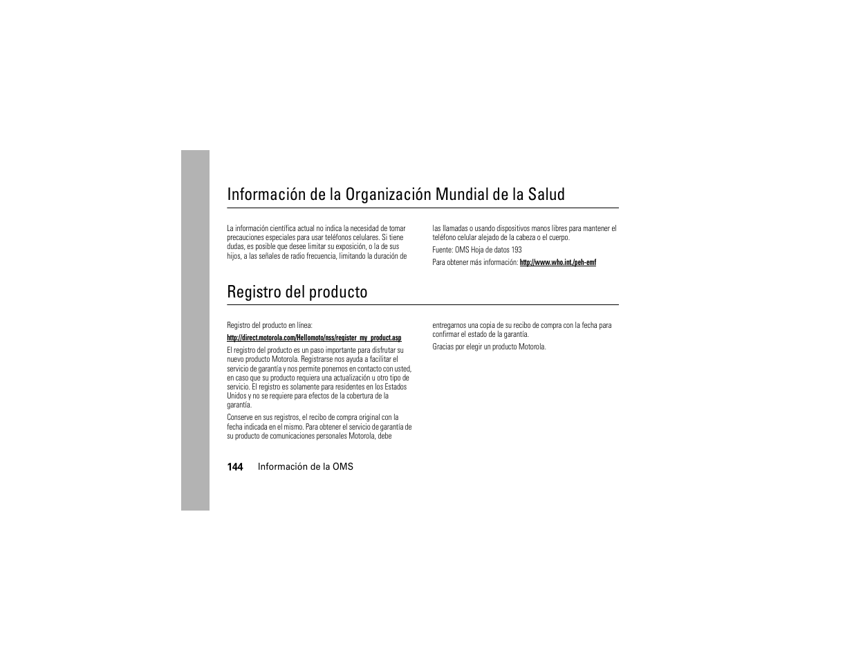 Información de la oms, Registro, Información de la organización mundial de la salud | Registro del producto | Motorola Z6C User Manual | Page 286 / 296